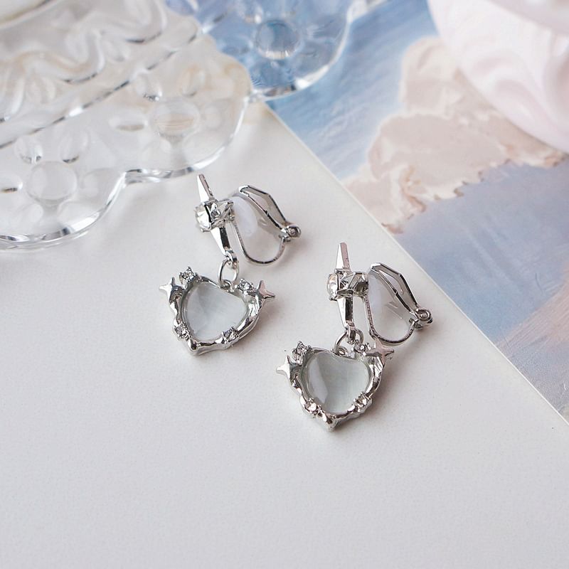 Heart Rhinestone Earring Clip / On Drop FashionChic
