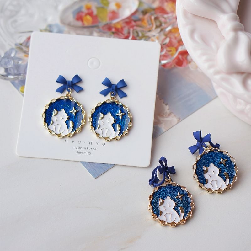Bow Earring / Cat Enamel On Drop Clip FashionChic