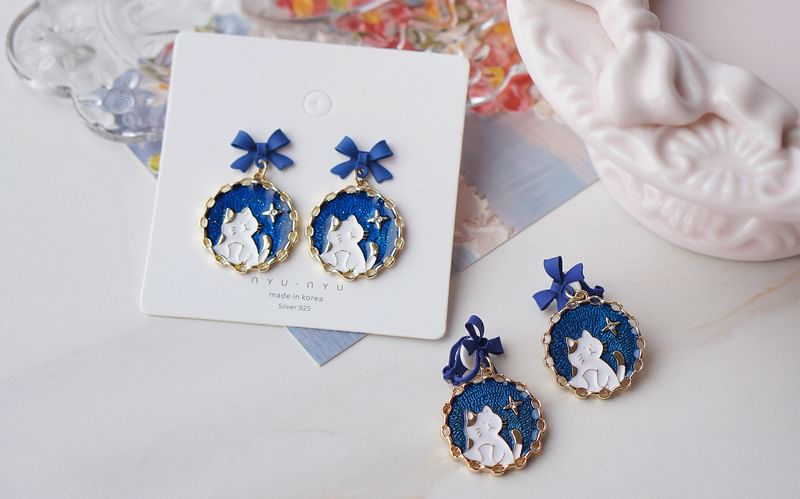 Bow Earring / Cat Enamel On Drop Clip FashionChic