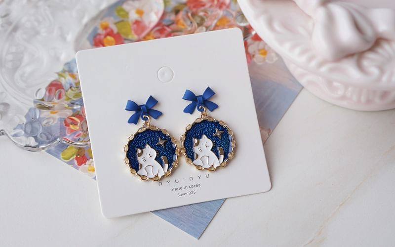 Bow Earring / Cat Enamel On Drop Clip FashionChic
