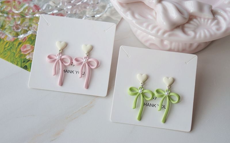Faux Clip-On / Pearl Bow Heart Drop Earring FashionChic