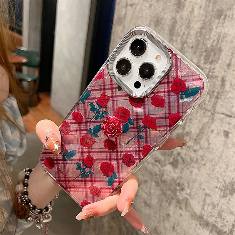 Rose Case / Adhesive Decoration Plaid Phone Set FashionChic