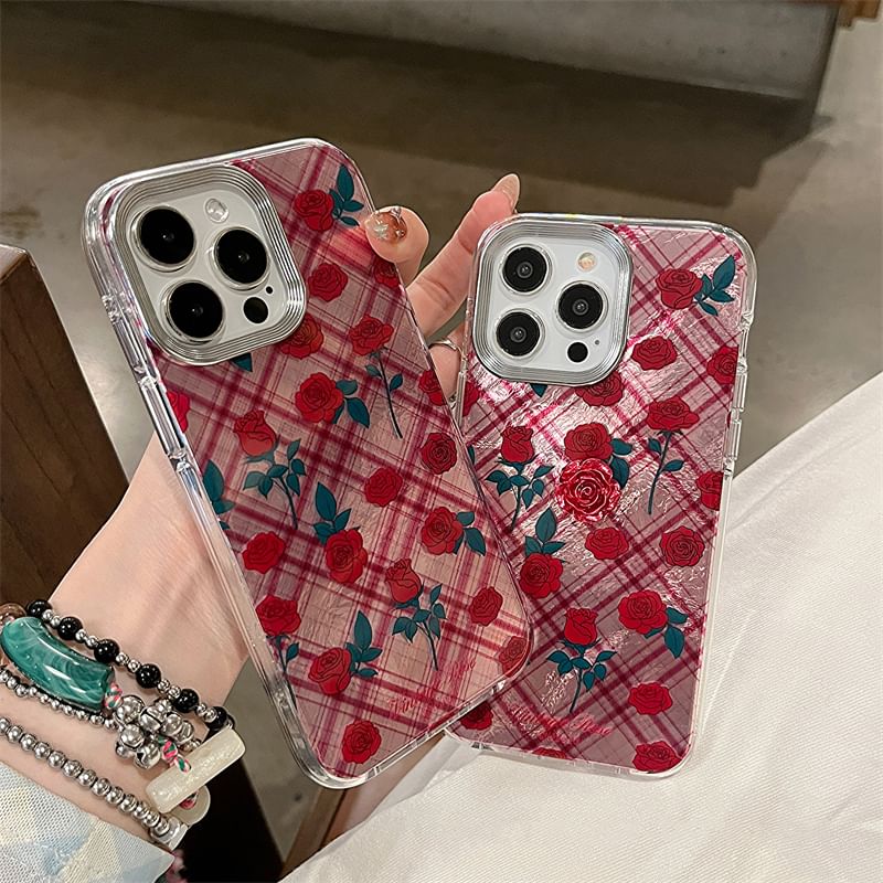 Rose Case / Adhesive Decoration Plaid Phone Set FashionChic