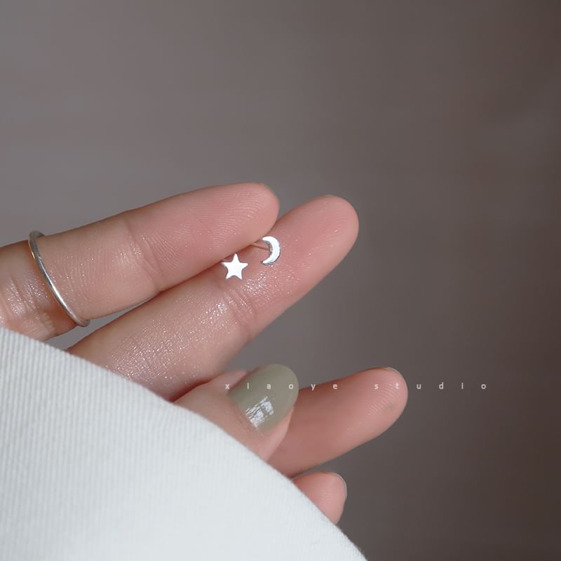 Silver Stud Asymmetrical Sterling Star Crescent Earring 925 FashionChic
