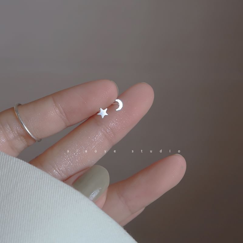 Silver Stud Asymmetrical Sterling Star Crescent Earring 925 FashionChic