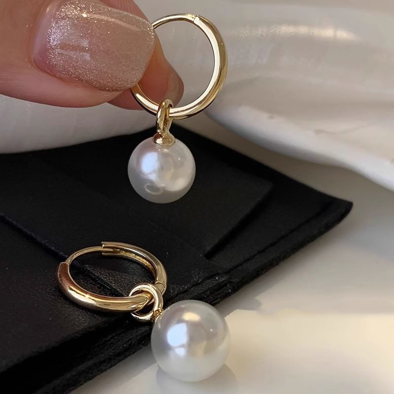 Drop Faux Sterling 925 Earring Hoop Pearl Silver FashionChic