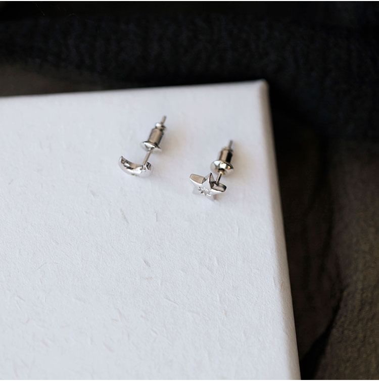 Earring Asymmetrical S999 Moon Star Silver Stud Rhinestone FashionChic