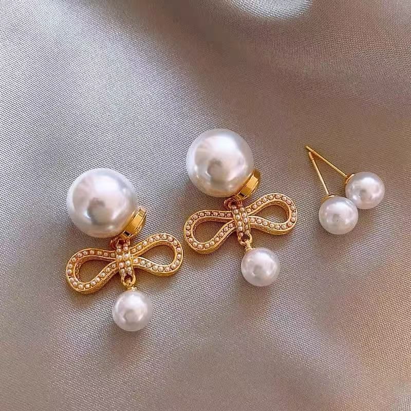 Pearl Bow Drop Alloy Earring Faux FashionChic