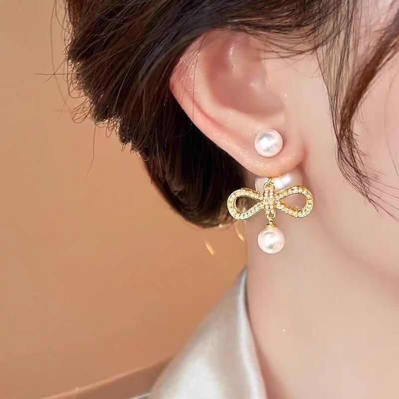 Pearl Bow Drop Alloy Earring Faux FashionChic