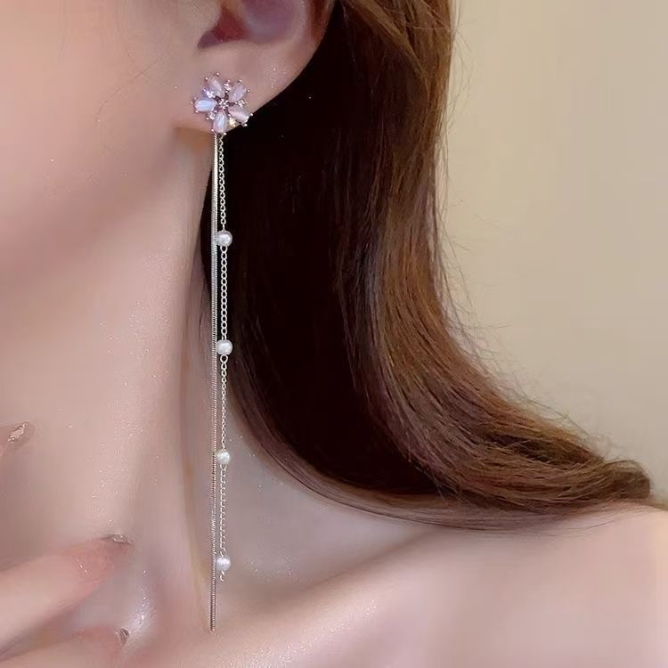 Faux Alloy Floral Gemstone Pearl Threader Earring FashionChic