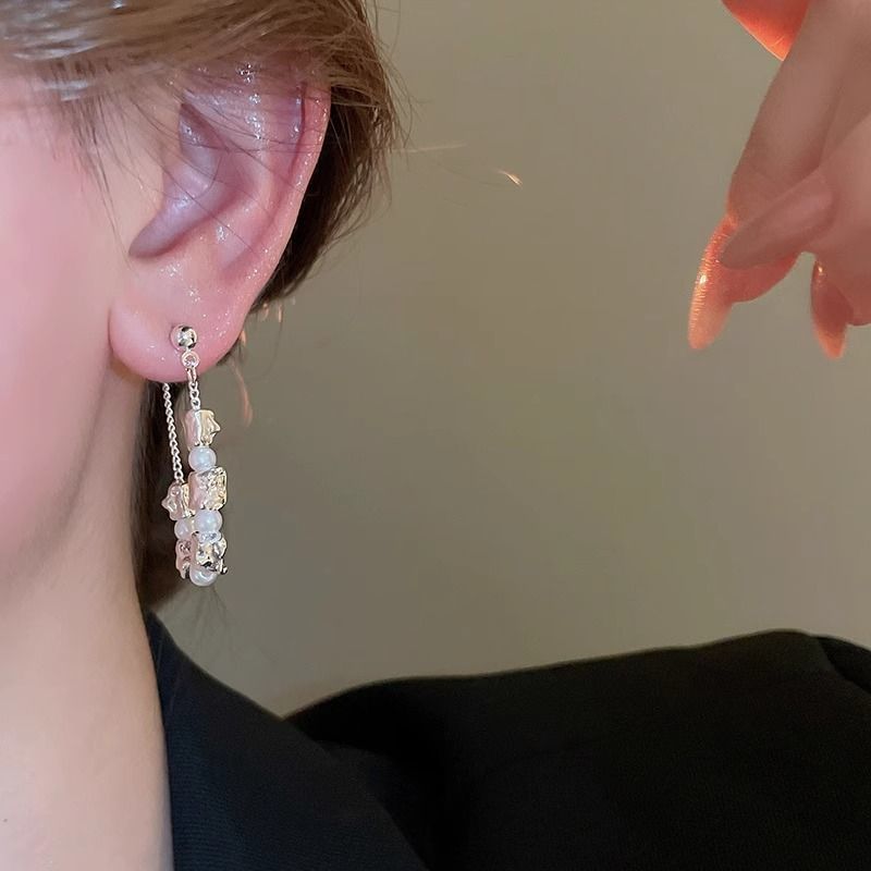 Dangle Faux Pearl Chain Hoop Earring Alloy FashionChic