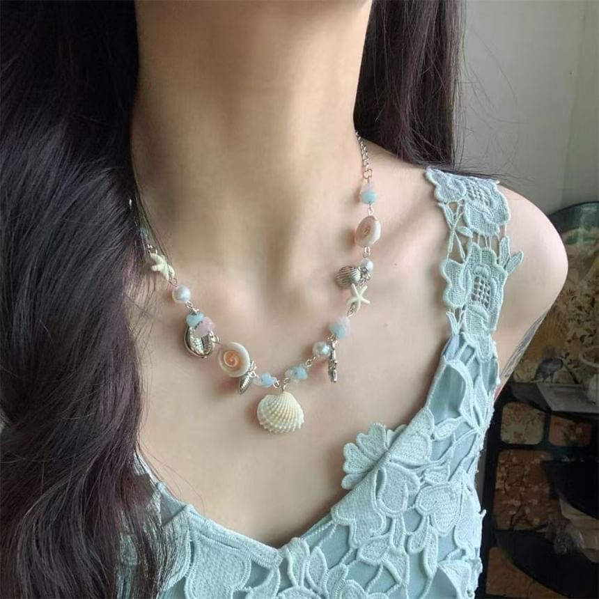 Faux Pearl Necklace Starfish Shell FashionChic