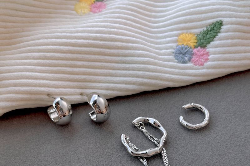 Sterling Plain Earring Hoop Ear Silver Chain Cuff + 925 Set: FashionChic
