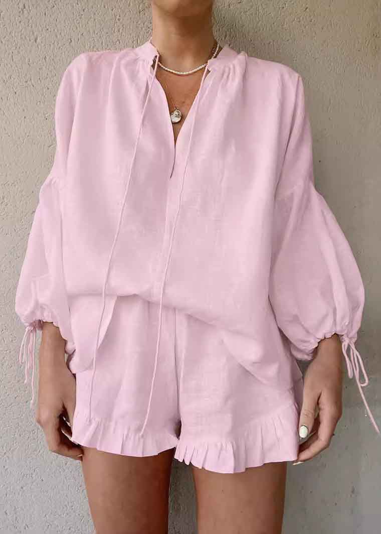 Cotton Suit Shirts Blue And Summer Up Shorts Lace Light Piece Two FashionChic