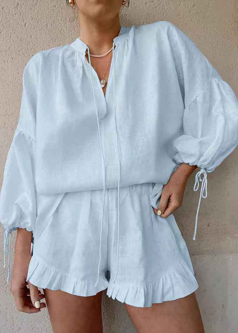 Cotton Suit Shirts Blue And Summer Up Shorts Lace Light Piece Two FashionChic