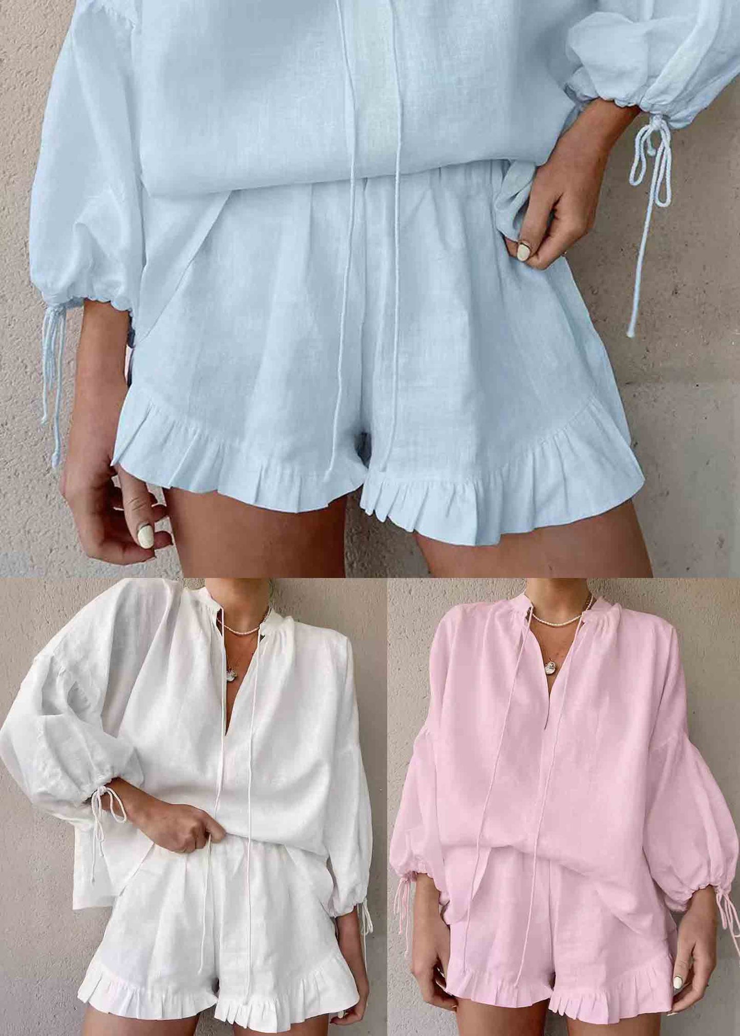 Cotton Suit Shirts Blue And Summer Up Shorts Lace Light Piece Two FashionChic