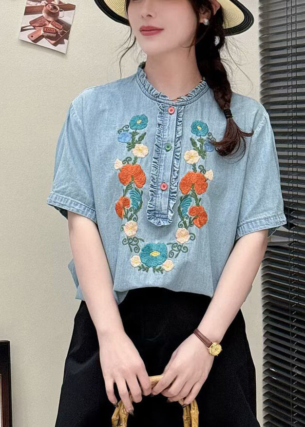 Light Summer Blouses Ruffled Denim Blue Embroidered FashionChic
