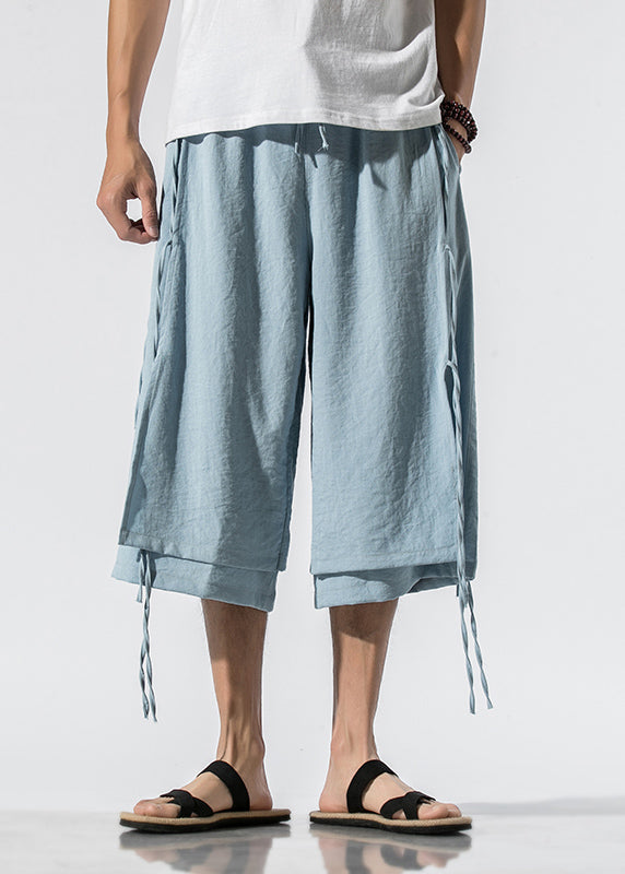 Light Blue Elastic Waist Tassel Men Crop Pants Summer YT024 Men-Silk-MENCP240721