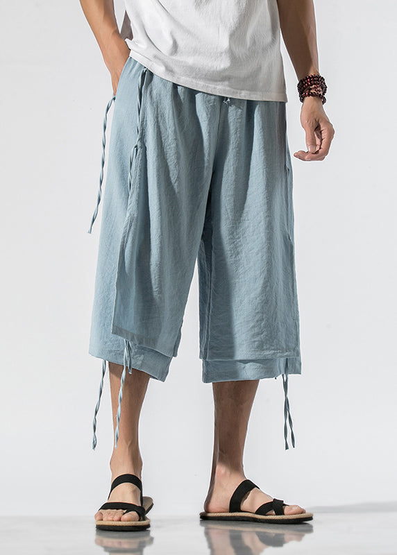 Light Blue Elastic Waist Tassel Men Crop Pants Summer YT024 Men-Silk-MENCP240721