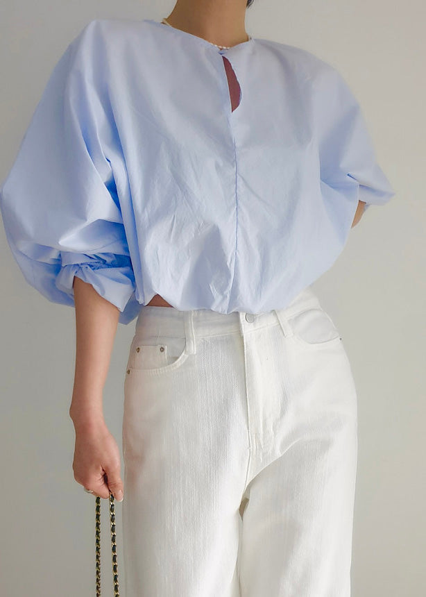 Blue Loose Out O-Neck Puff Light Hollow Shirts Sleeve FashionChic