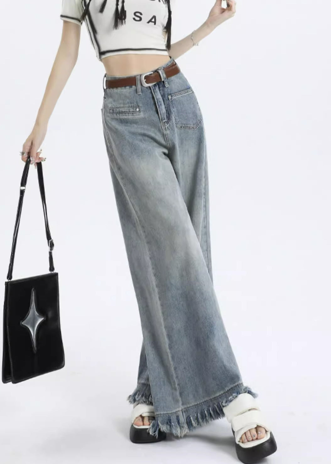 Light Blue Tasseled Pockets Wide Leg Pants Zippered PP016 OM-NZ240827