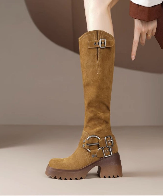 Splicing Camel Suede Chunky Light Boots Heel Buckle FashionChic