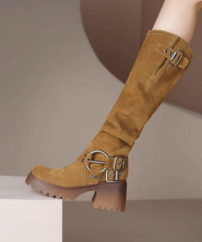 Splicing Camel Suede Chunky Light Boots Heel Buckle FashionChic