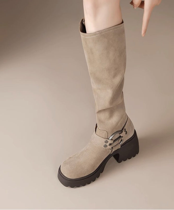 Splicing Camel Suede Chunky Light Boots Heel Buckle FashionChic