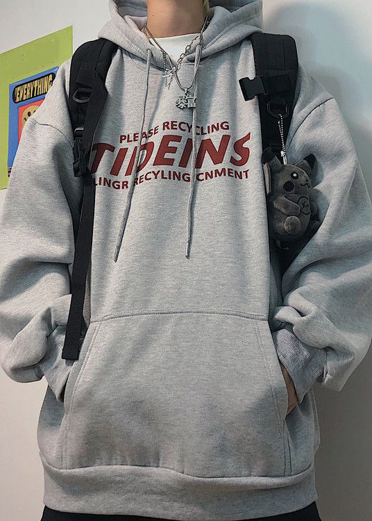 Light Grey Print Pockets Cotton Sweatshirt Men Hooded Spring YQ035 ABC