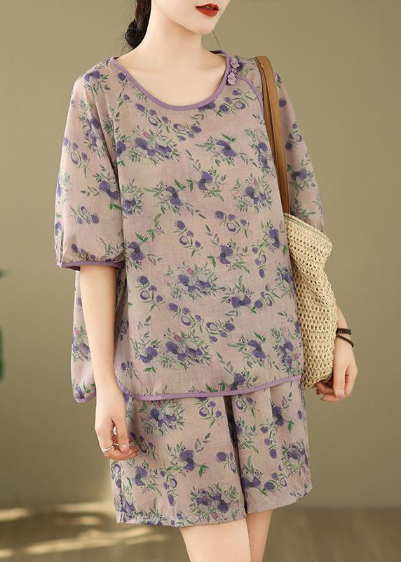 Shorts Set Light Print Purple Shirt Summer Pieces And Two FashionChic