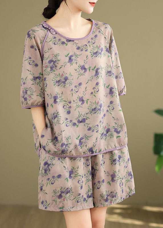 Shorts Set Light Print Purple Shirt Summer Pieces And Two FashionChic