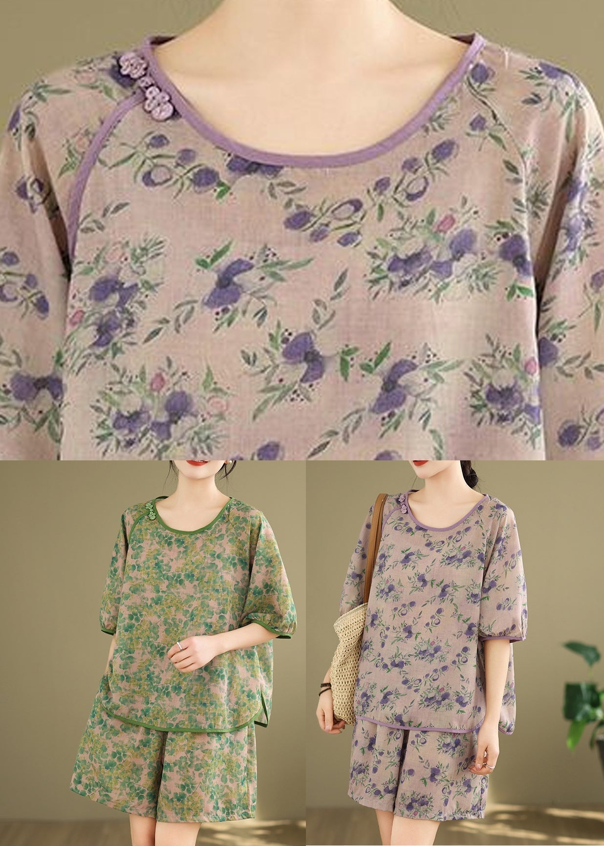 Shorts Set Light Print Purple Shirt Summer Pieces And Two FashionChic