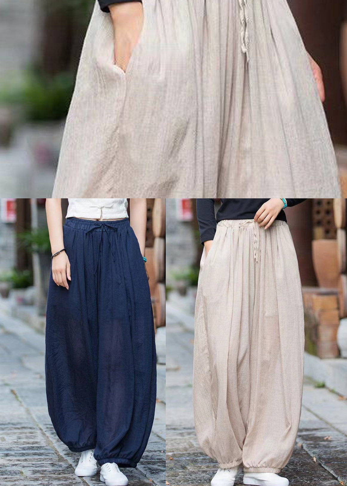 Linen Pockets Cotton Pants Elastic Waist Cinched Summer QK014 BB-LPTS241022