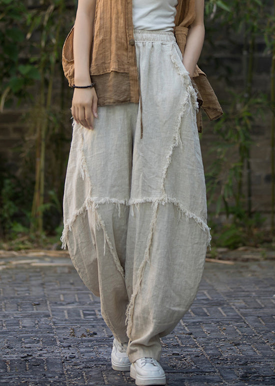 Linen Solid Pockets Linen Lantern Pants Elastic Waist QE041 MZF-LPTS240927