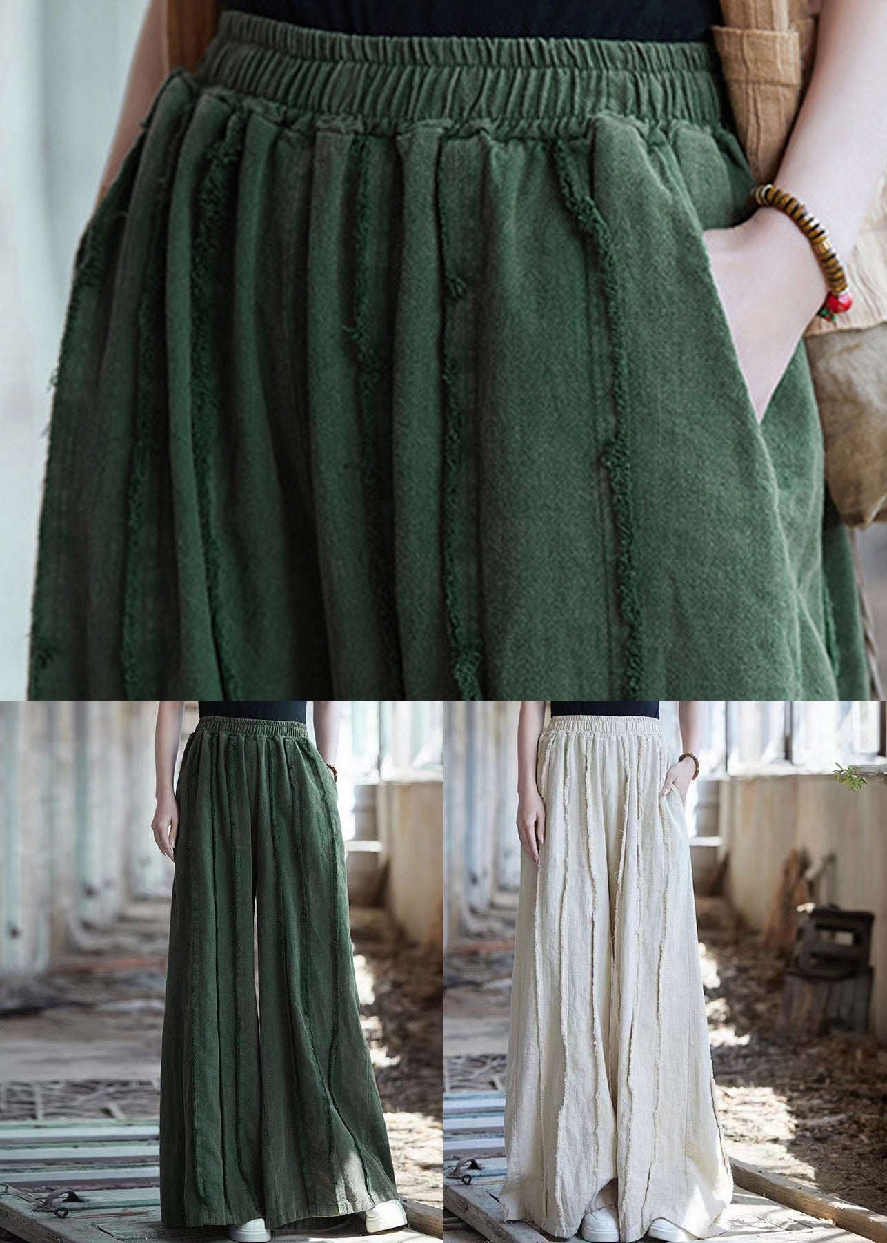 Linen Solid Pockets Linen Wide Leg Pants High Waist QE047 MZF-LPTS240927
