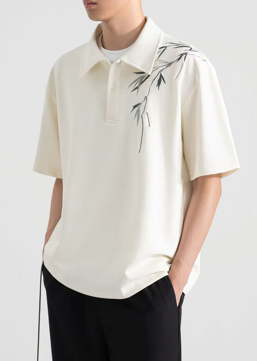 Loose Cotton Mens Apricot Shirt Polo Button Print Summer FashionChic