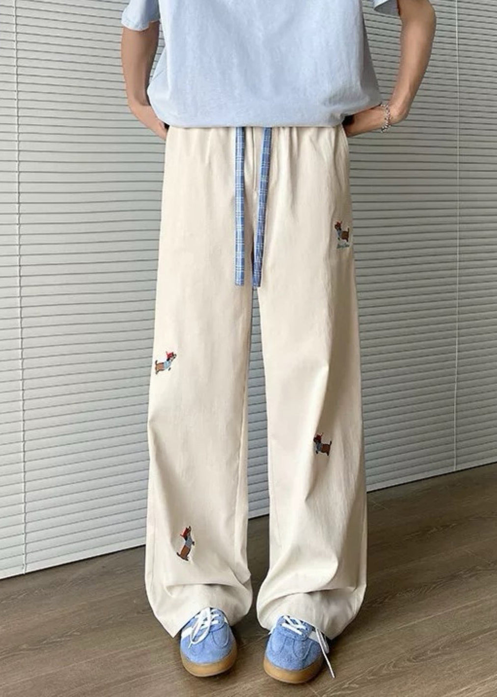 Embroideried Apricot Drawstring Mens Pockets Loose Pants Cotton FashionChic