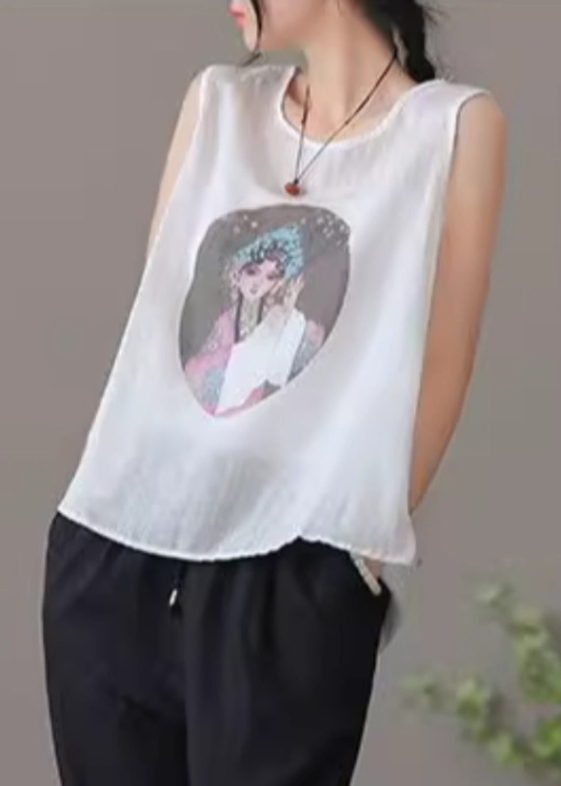 Loose Apricot O-Neck Print Linen Tank Sleeveless RE021 MZF-VTP240807