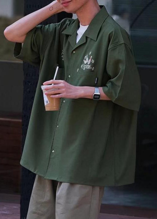 Shirts Army Half Sleeve Green Ice Men Pockets Loose Print Silk FashionChic