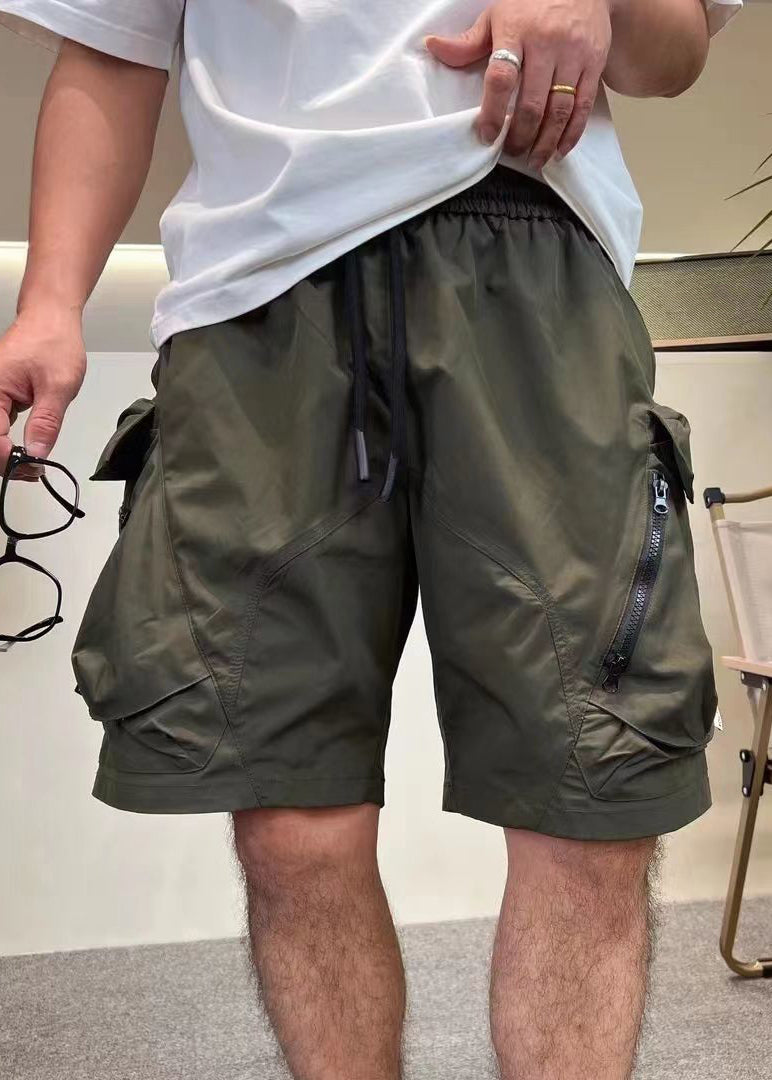 Green Zip Shorts Cotton Loose Up Mens Elastic Pockets Army Waist FashionChic