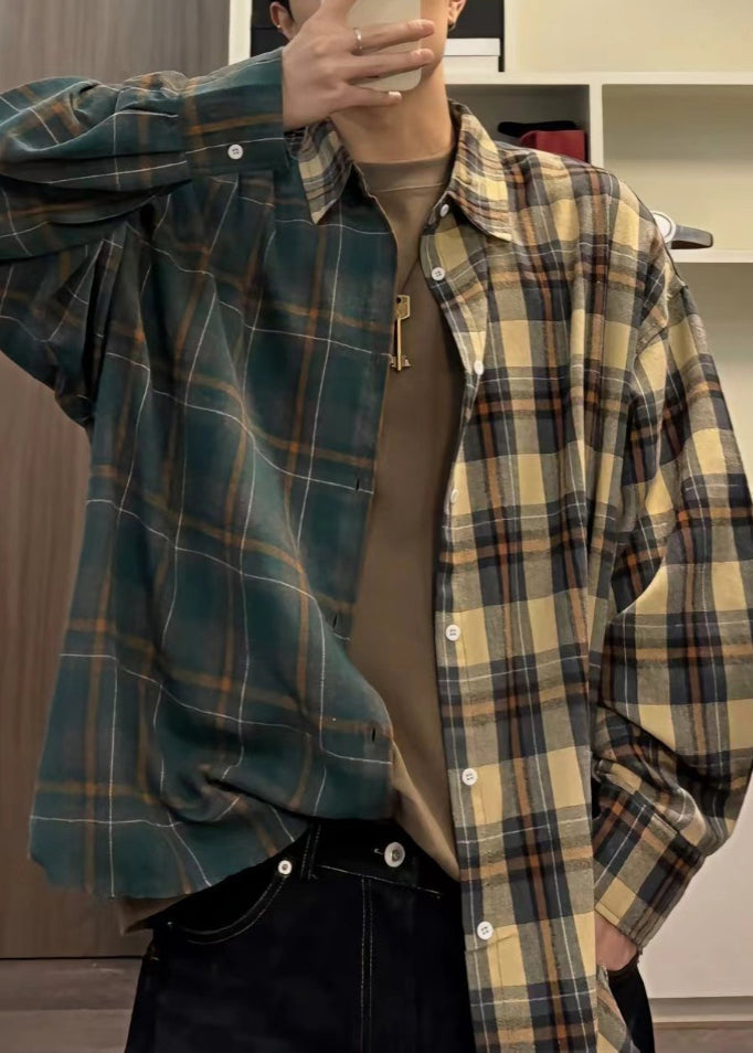 Mens Button Plaid Cotton Shirts Spring Loose Asymmetrical FashionChic