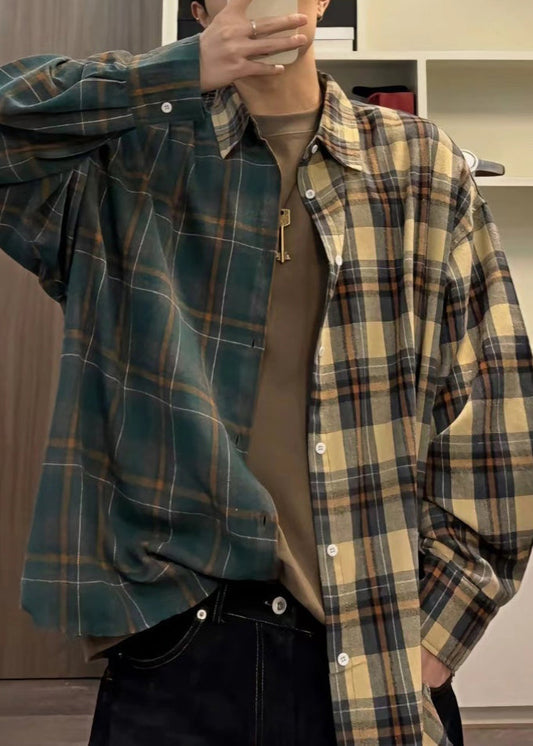 Mens Button Plaid Cotton Shirts Spring Loose Asymmetrical FashionChic