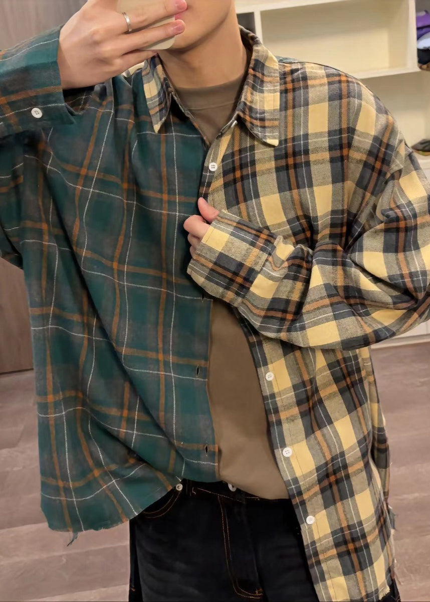 Mens Button Plaid Cotton Shirts Spring Loose Asymmetrical FashionChic