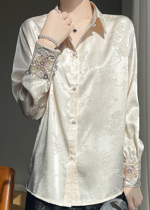 Button Embroidered Beige Fall Shirt Silk Loose FashionChic