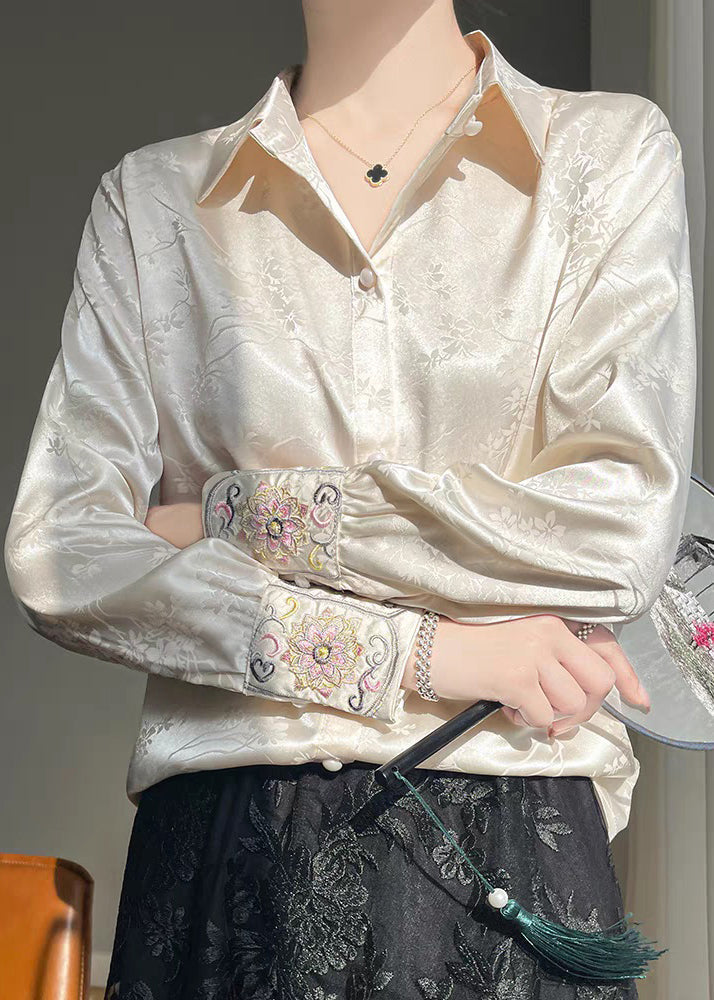 Button Embroidered Beige Fall Shirt Silk Loose FashionChic