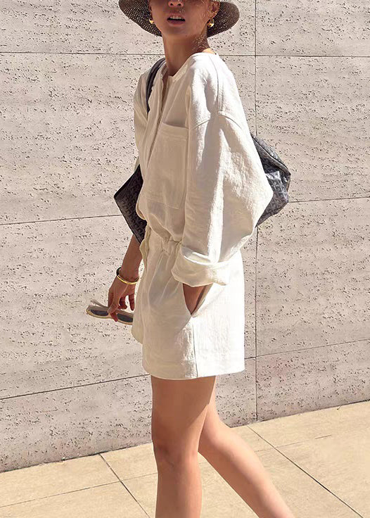 Summer Jumpsuit Loose Beige Linen Waist Pockets Tie FashionChic