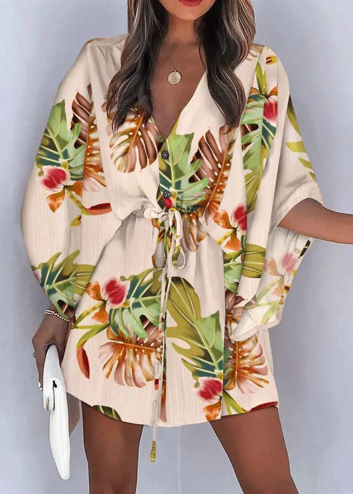 Lace Dresses Loose Cotton Sleeve Beige Print Up Batwing Mid FashionChic