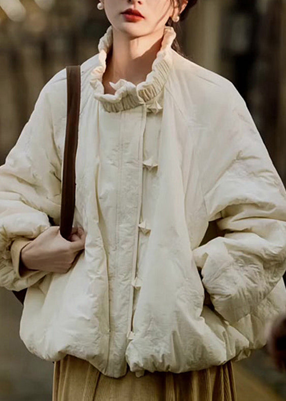 Loose Beige Ruffled Pockets Fine Cotton Filled Coat Lantern Sleeve YZ023 ABC