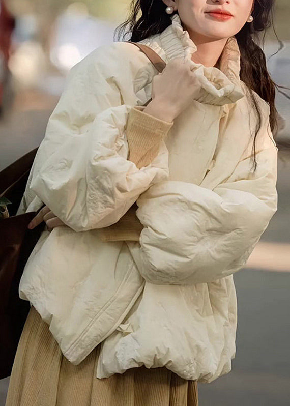 Loose Beige Ruffled Pockets Fine Cotton Filled Coat Lantern Sleeve YZ023 ABC