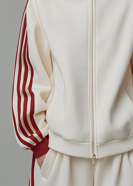 Loose Beige Zip Up Striped Patchwork Cotton Coats Fall ER007 ABC